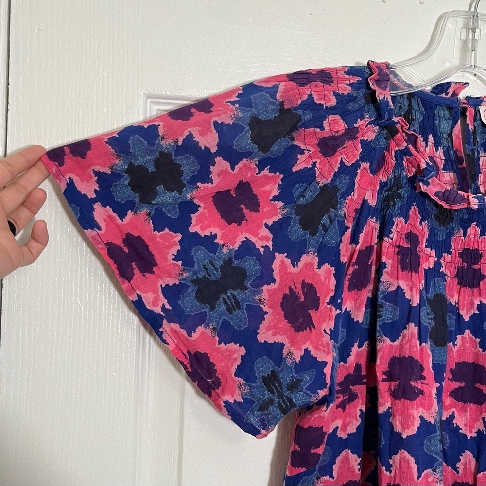 BANJANAN Blue and Pink Floral Motif Floral Dahlia Top | size XSmall - Picture 5 of 6